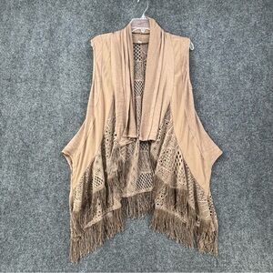 Maria Gabrielle Tan Fringe Crochet Open Front Shawl Vest Boho Hippie Women’s PM